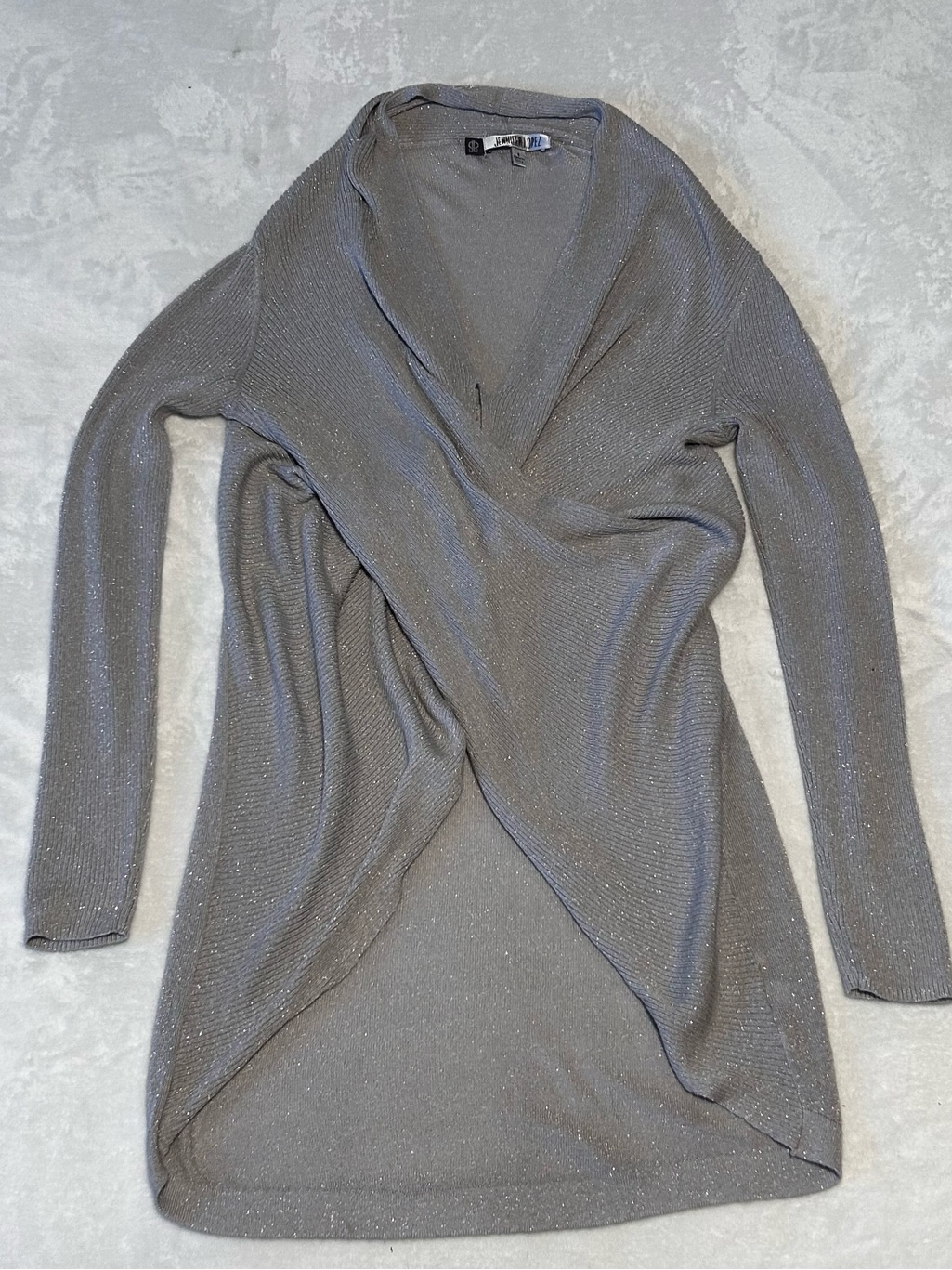 Jennifer Lopez Silver-Gray Draped V-Neck Wrap Sweater — image 2 of 4